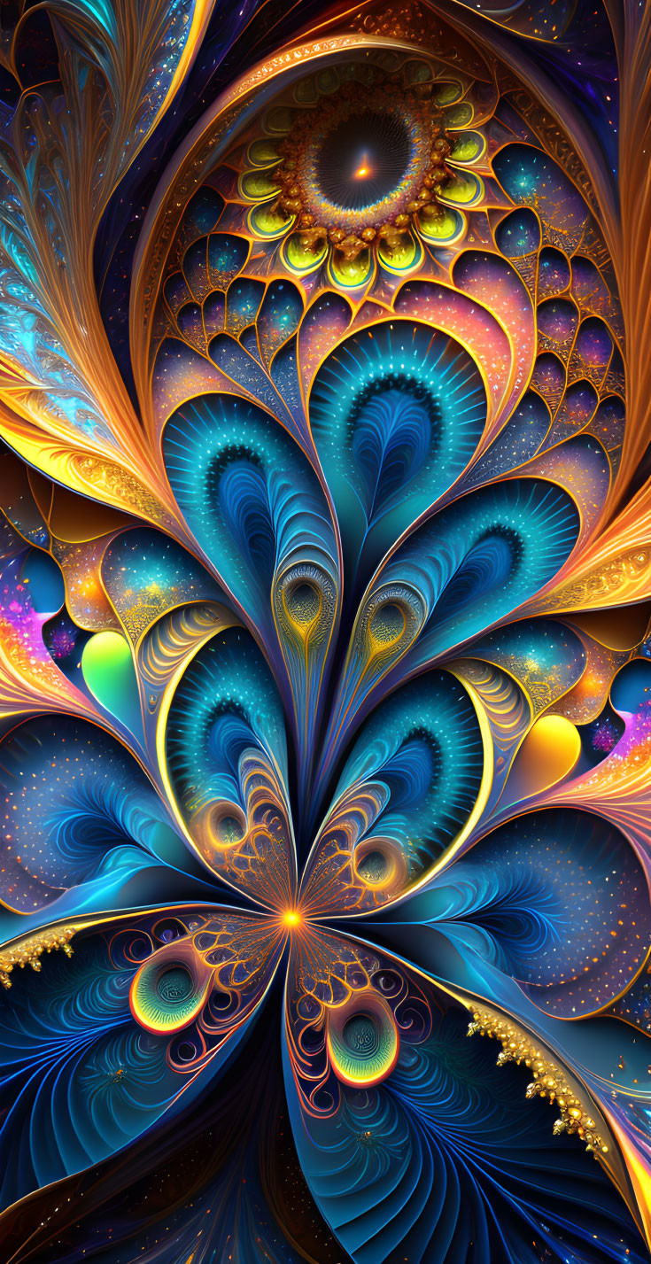 Colorful digital artwork: Intricate peacock feather patterns in blues, golds, and oranges