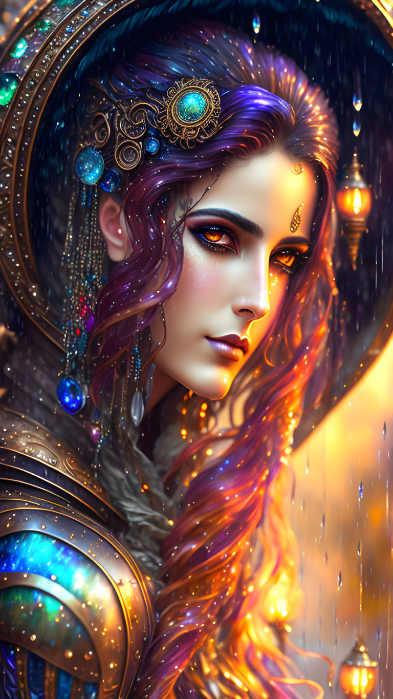 Vibrant female figure with colorful hair and golden headgear in lantern-lit rain