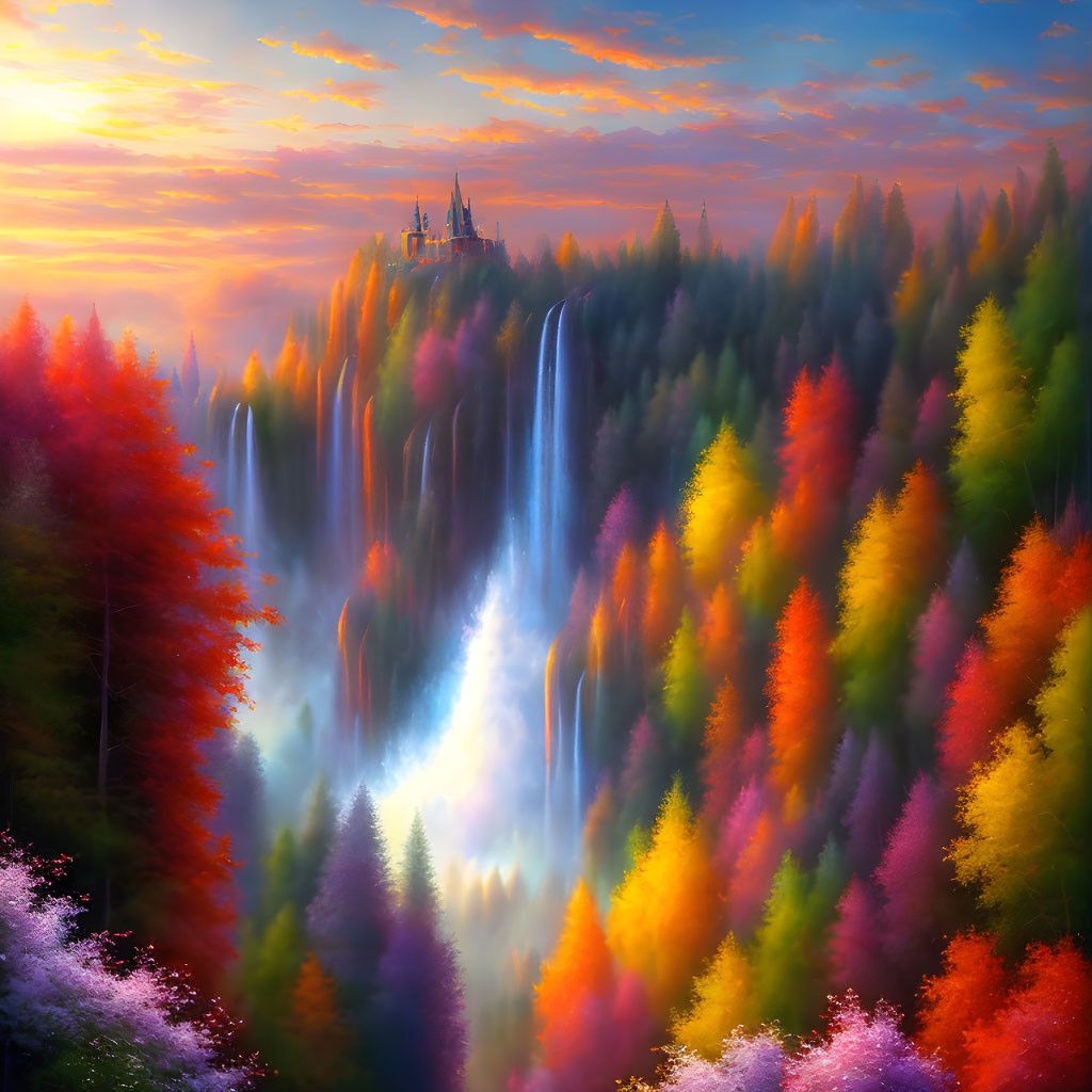 Colorful Forest with Waterfall, Sunset Sky, and Castle Cliff