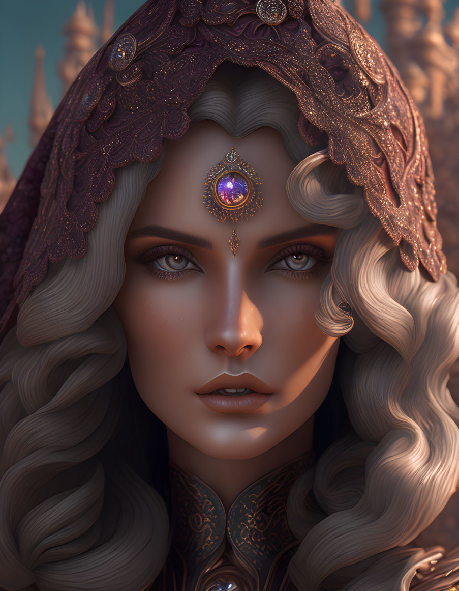 Digital portrait of woman with wavy hair and intricate headpiece against castle backdrop