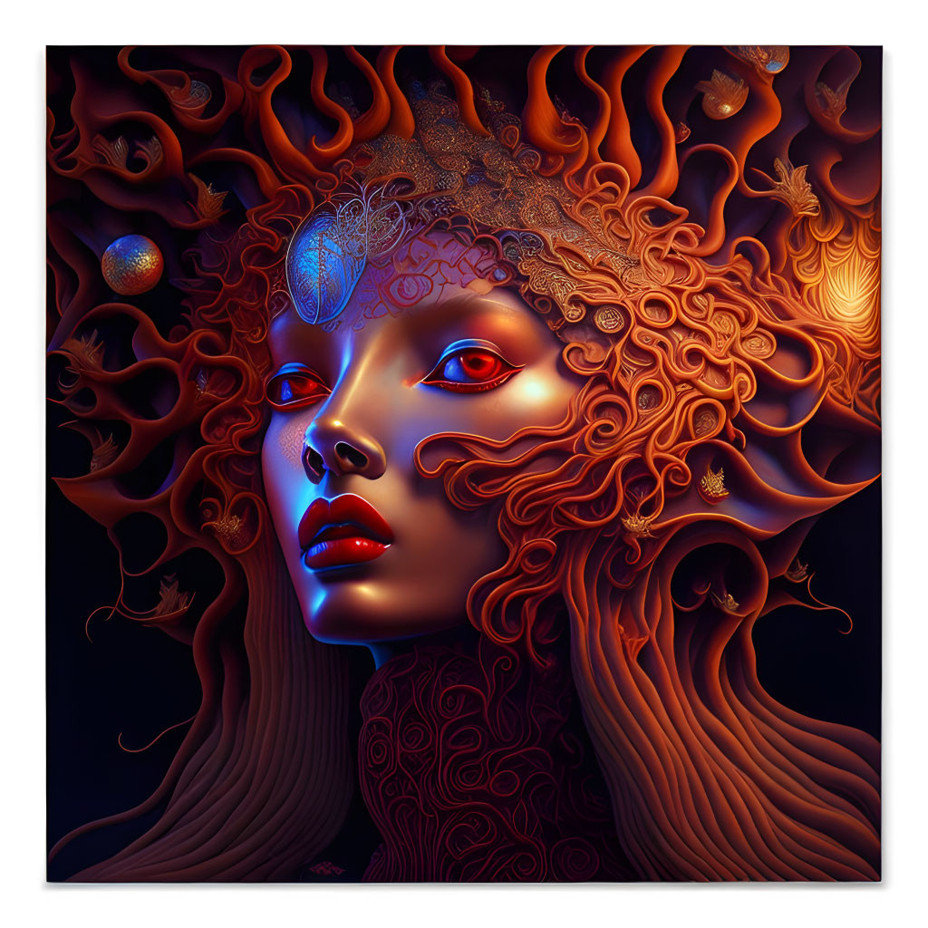 Fantastical portrait of female figure with red-orange hair and skin, intricate patterns, flames, and