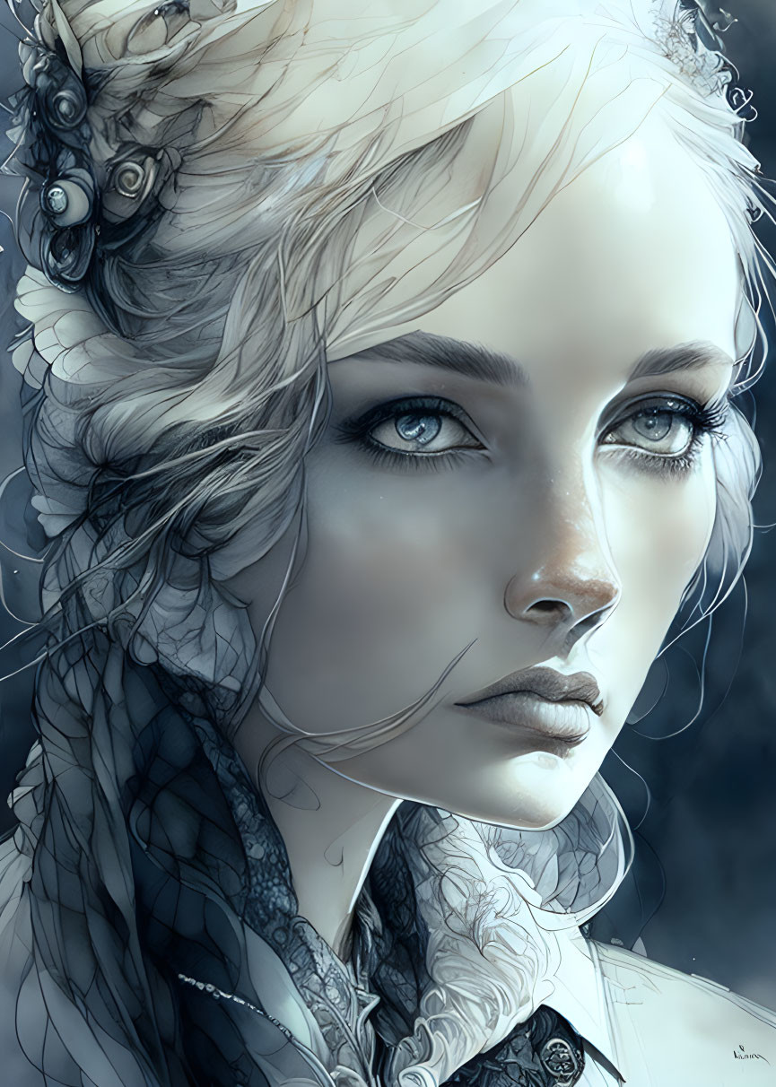 Pale-skinned woman with blue eyes and floral hair veil: Detailed ethereal illustration