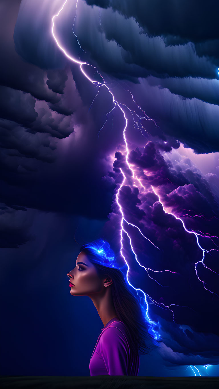 Profile of woman gazing at dramatic night sky with purple lightning.