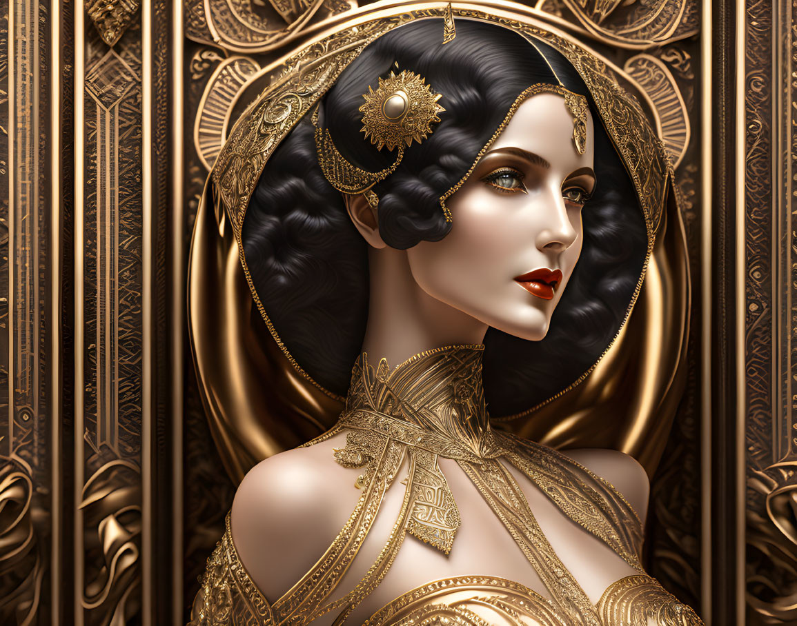 Detailed Art Deco Style Woman Illustration with Black Hair, Red Lips, and Gold Jewelry