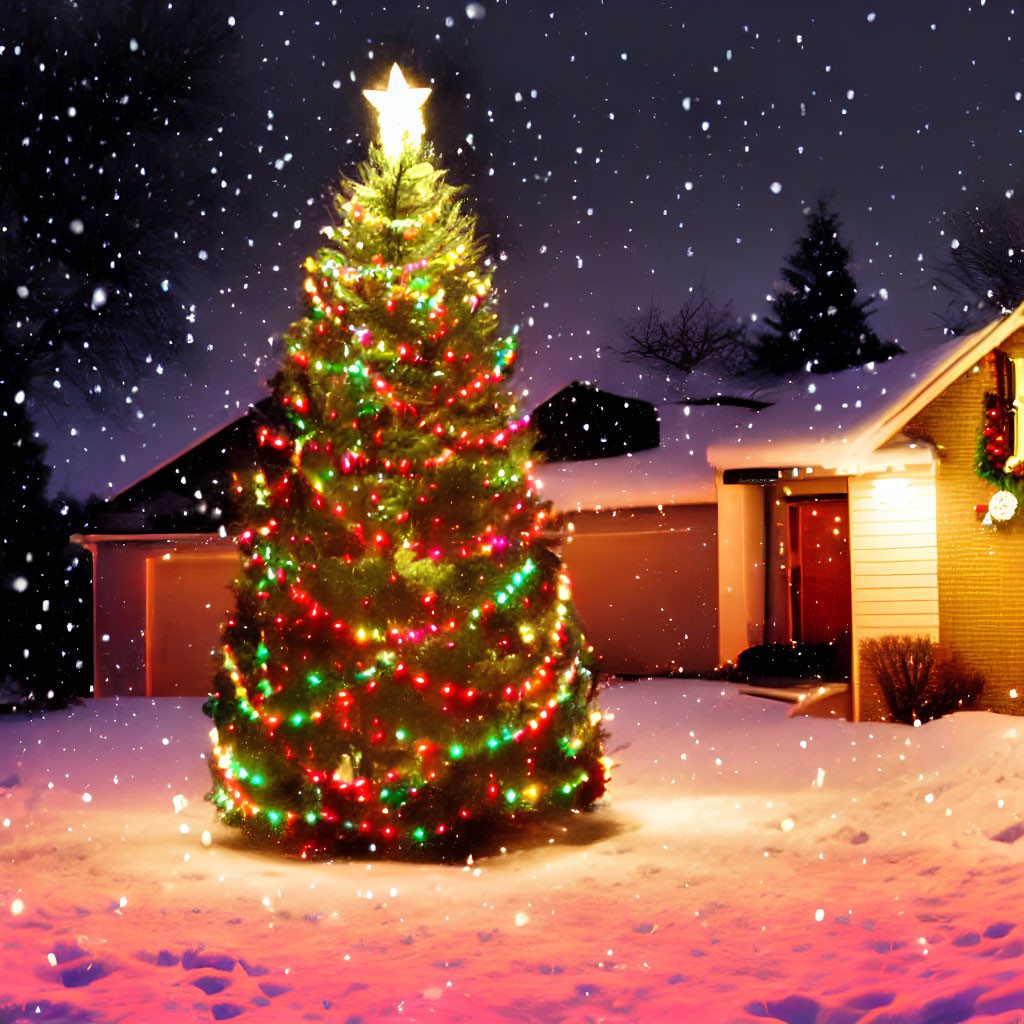 Colorful lights adorn Christmas tree with falling snow at night.