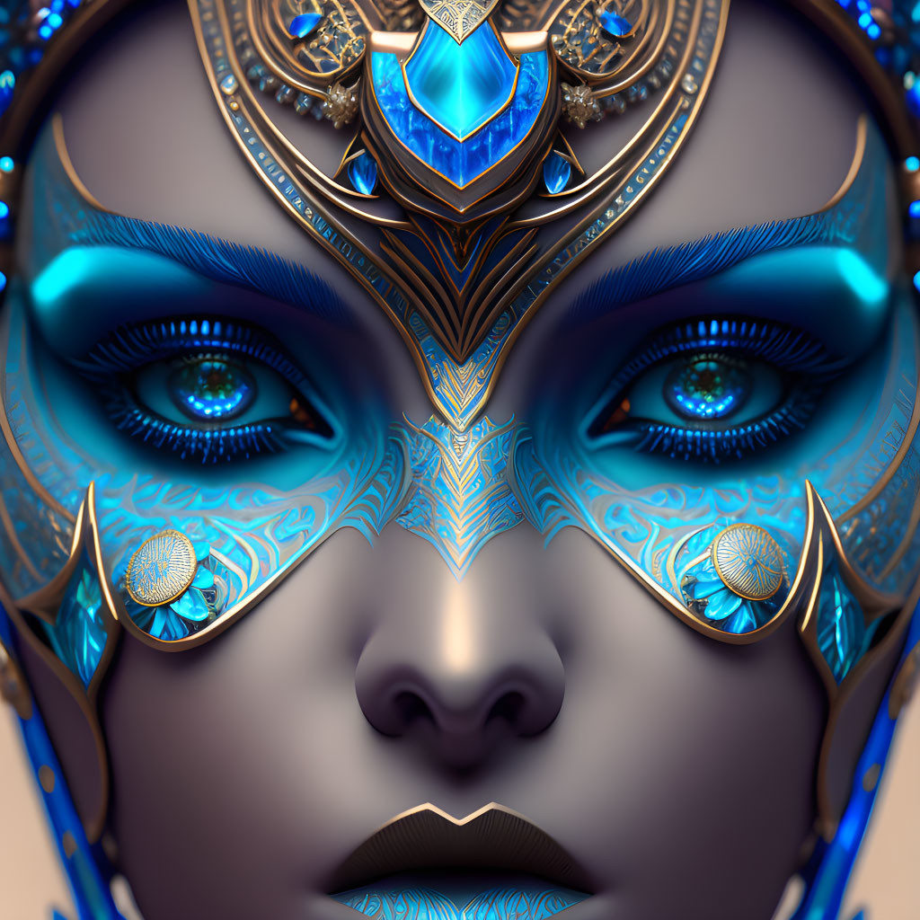 Intricate futuristic mask with golden and blue patterns on humanoid face