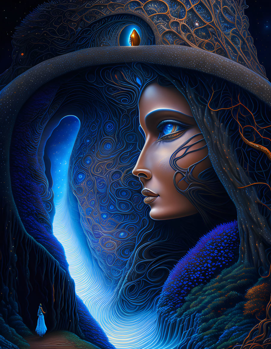 Surrealist illustration of woman's profile with cosmic and nature motifs