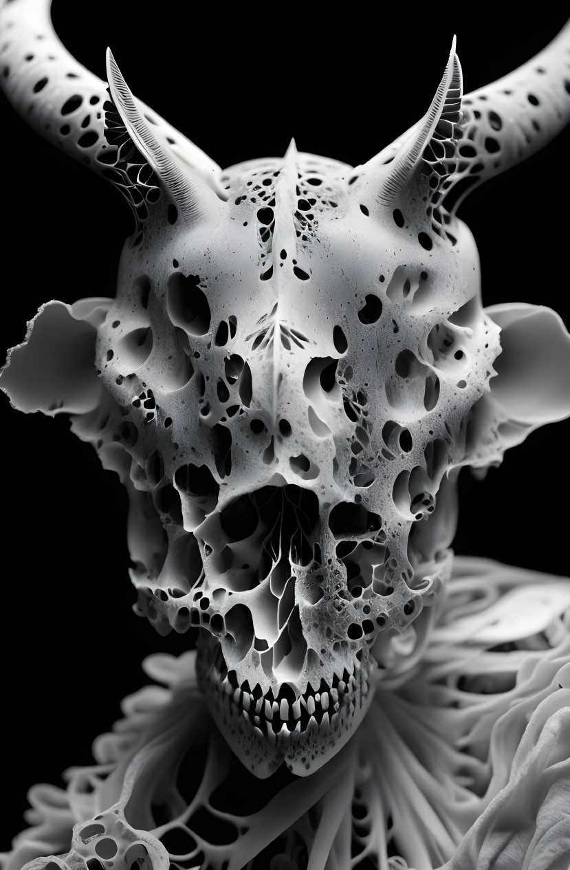 Carved skull with horn-like structures and leafy patterns on black background