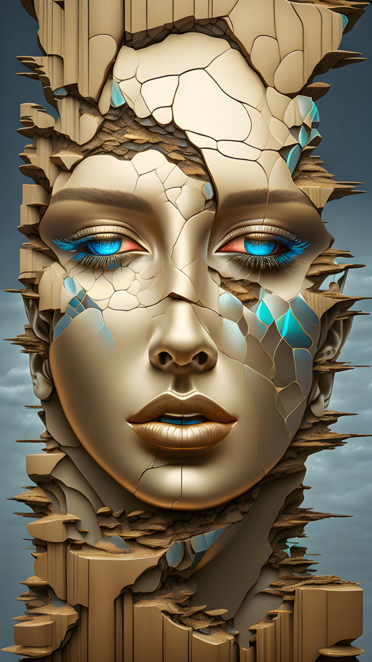 Fragmented face digital artwork with detailed eyes against cloudy sky backdrop