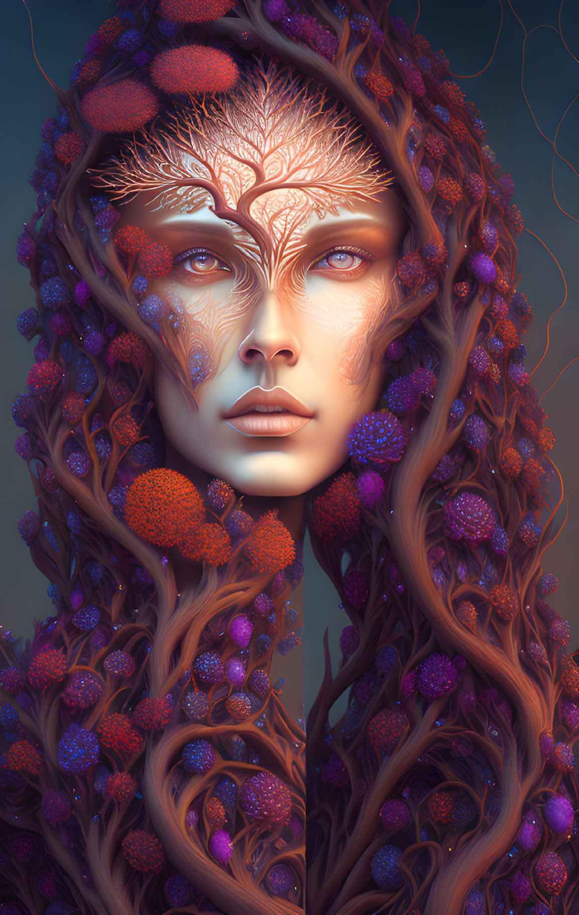 Fantasy portrait of female entity with tree branch patterns and vibrant flora in hair