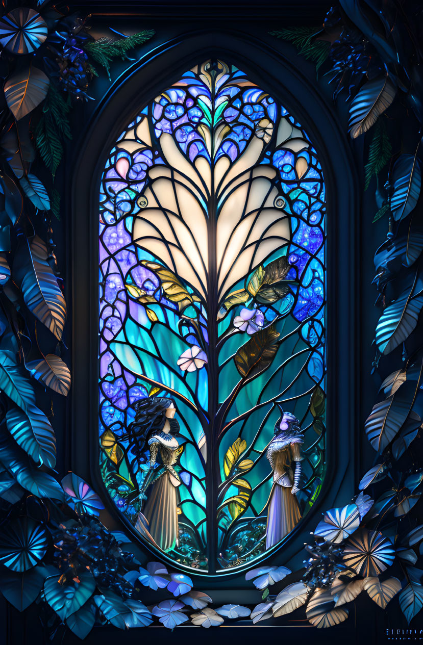 Intricate Tree Design Stained Glass Window with Figures