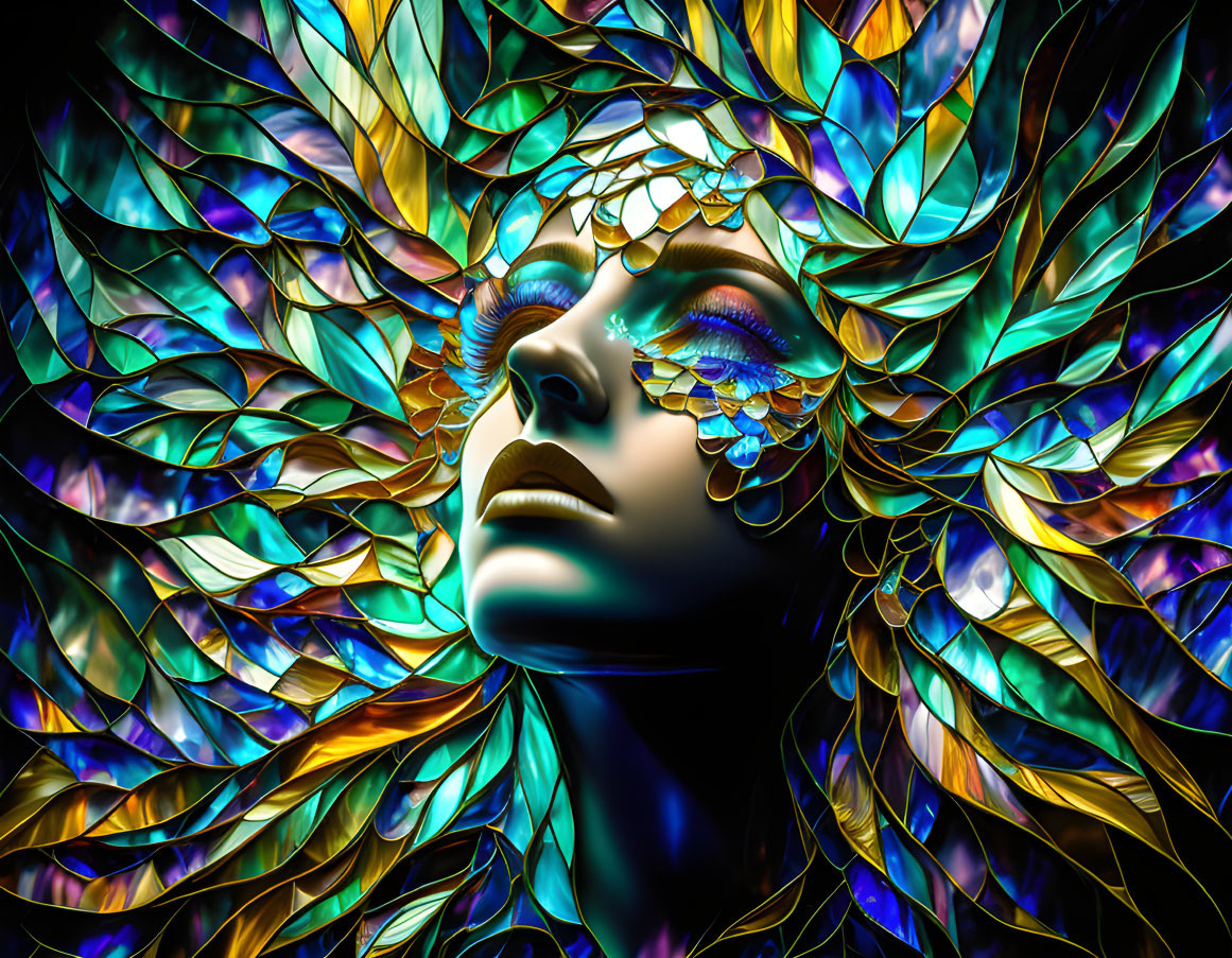 Colorful digital artwork of a woman's face with closed eyes and leaflike iridescent pattern