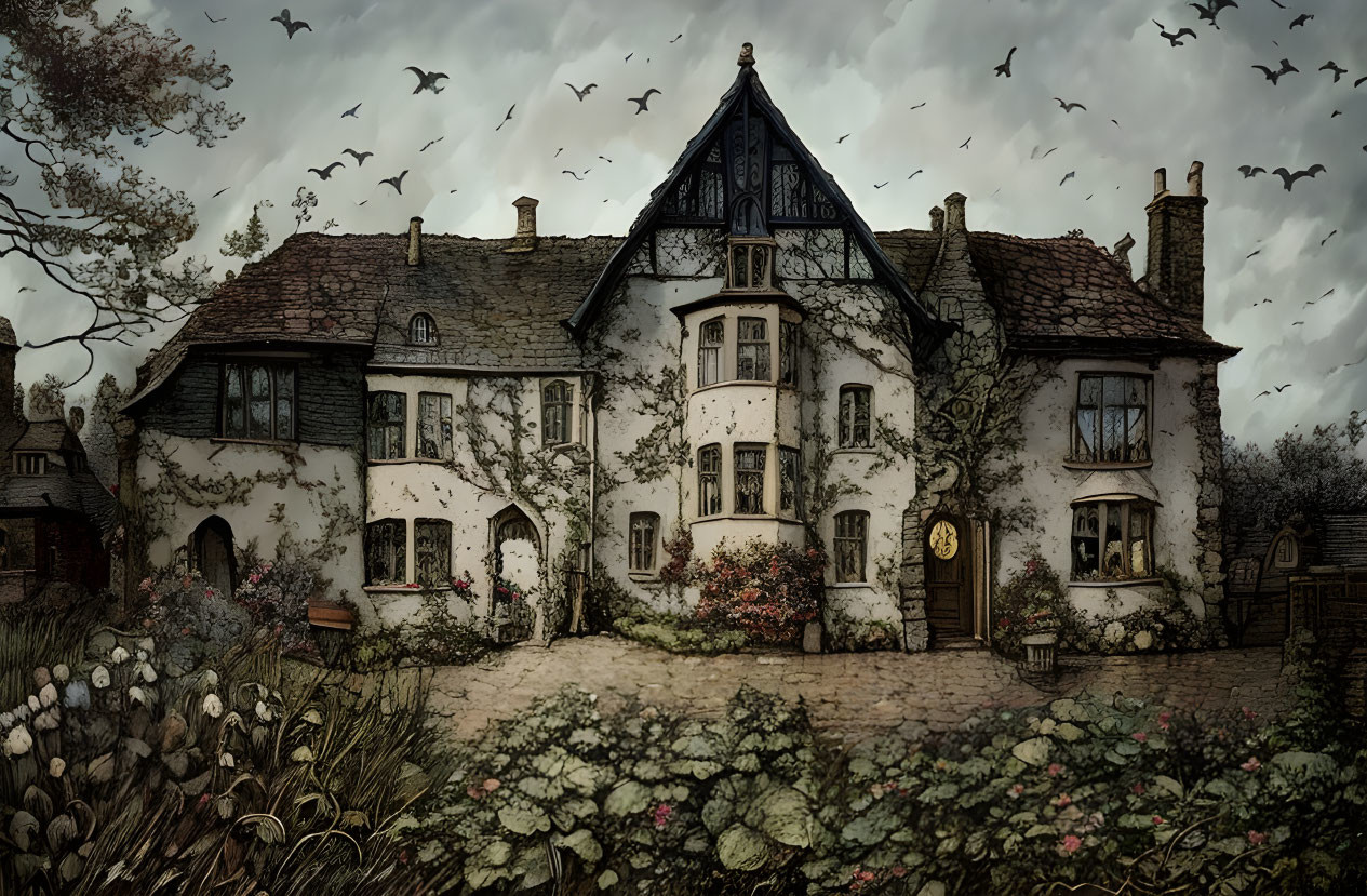 Illustrated old-fashioned house with turrets in lush garden setting under cloudy sky