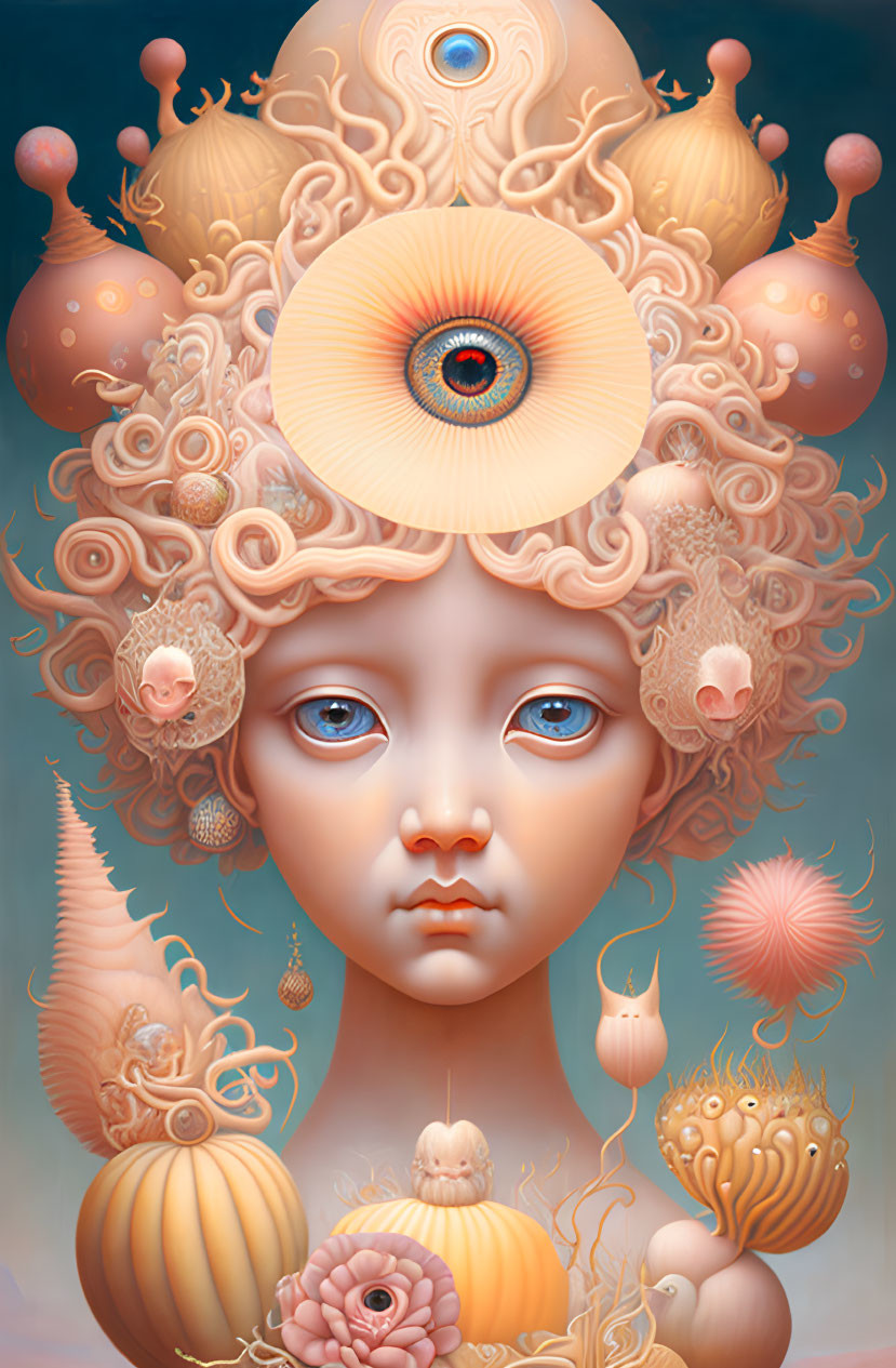 Surreal portrait of child-like face with eye-centric motif and pastel colors