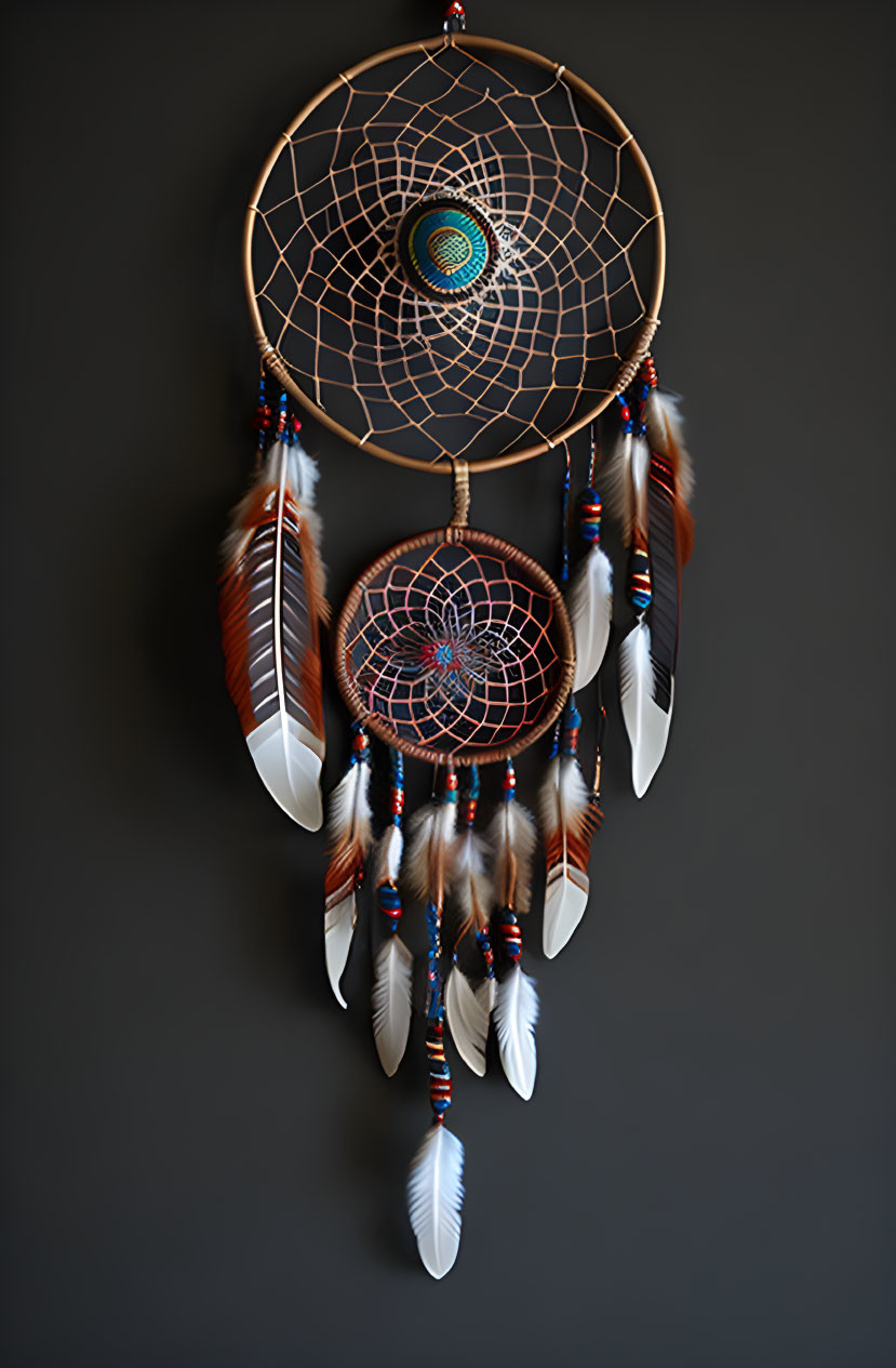 Two circular dreamcatcher webs with feathers and beads on dark background