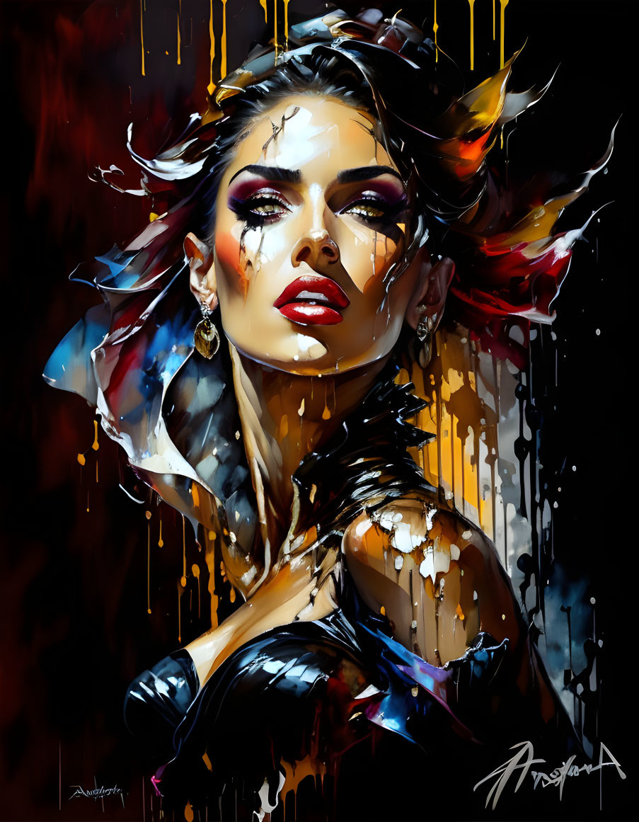 Colorful digital painting of a woman with dramatic makeup and abstract streaks