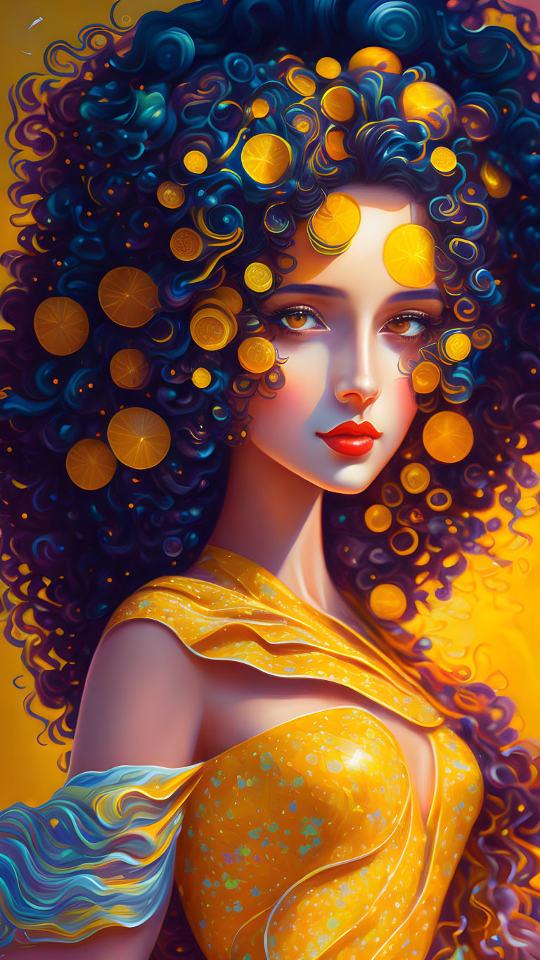 Colorful digital portrait of a woman with curly hair surrounded by golden coins and circles on warm background