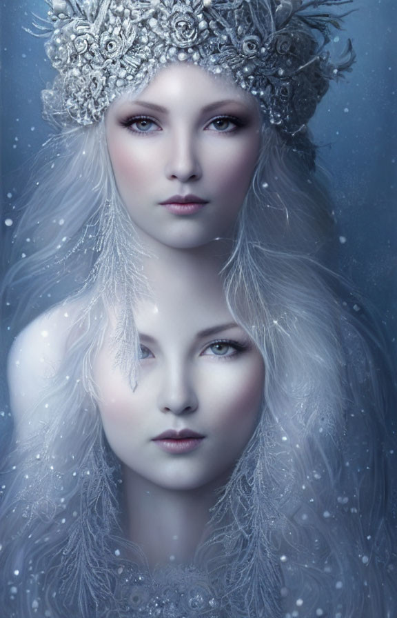 Ethereal Women with Silver Hair and Ornate Headdresses in Snowy Setting