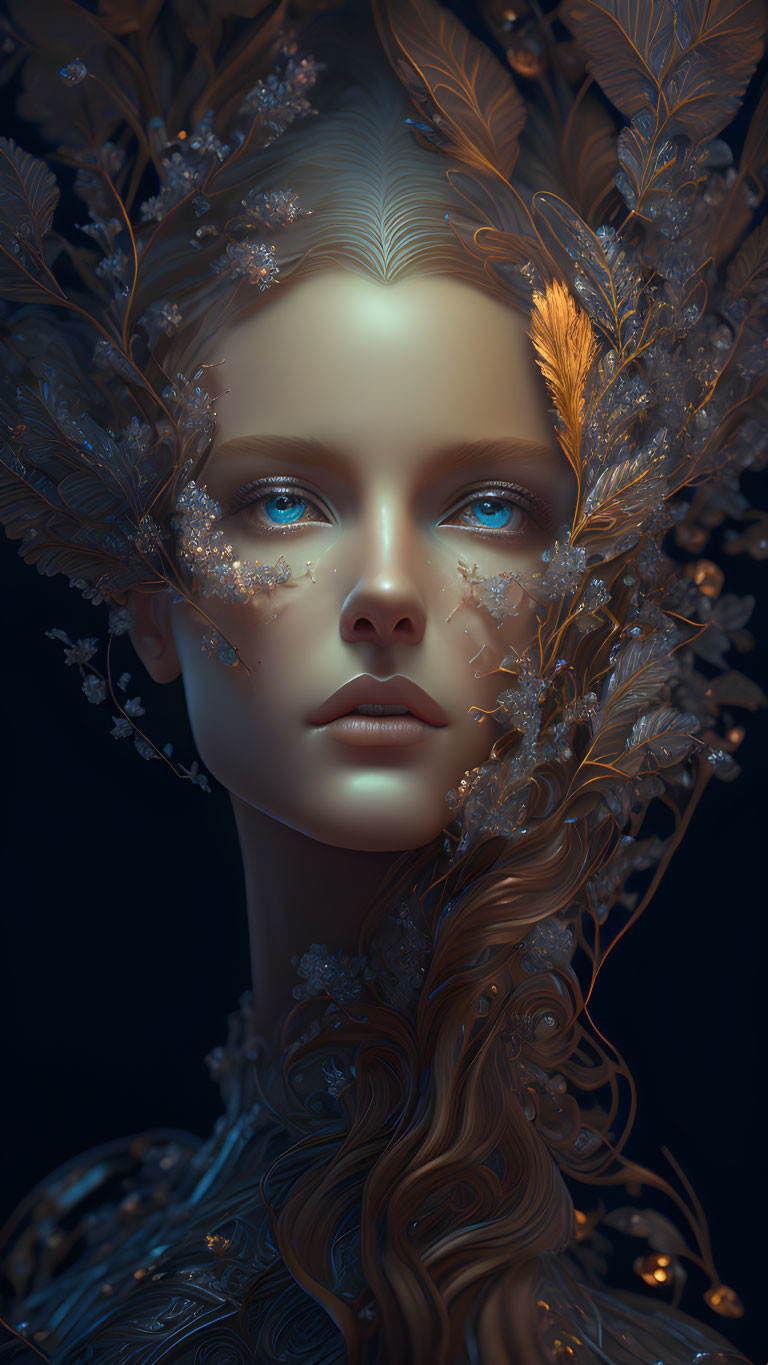 Surreal portrait of woman with leaf-like structures and frost patterns