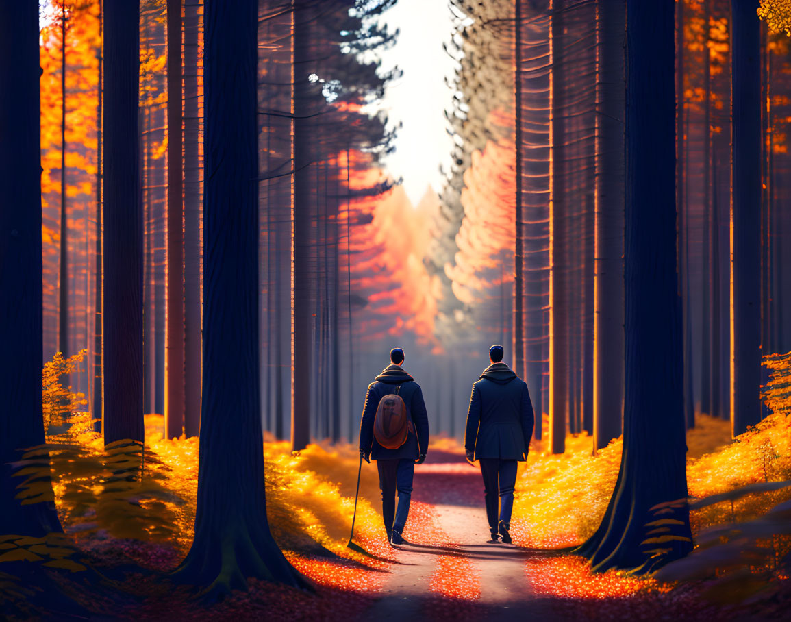 Autumn forest path with two people walking among tall trees.