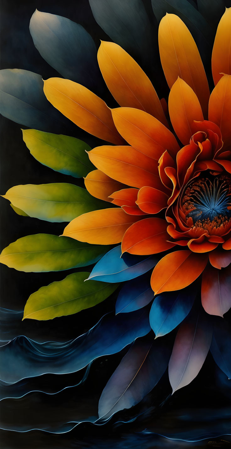 Vibrant painting of open flower with orange and yellow petals on blue wavy background