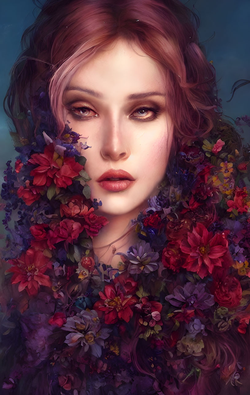 Vivid digital portrait of woman with pink hair and multicolored flowers.