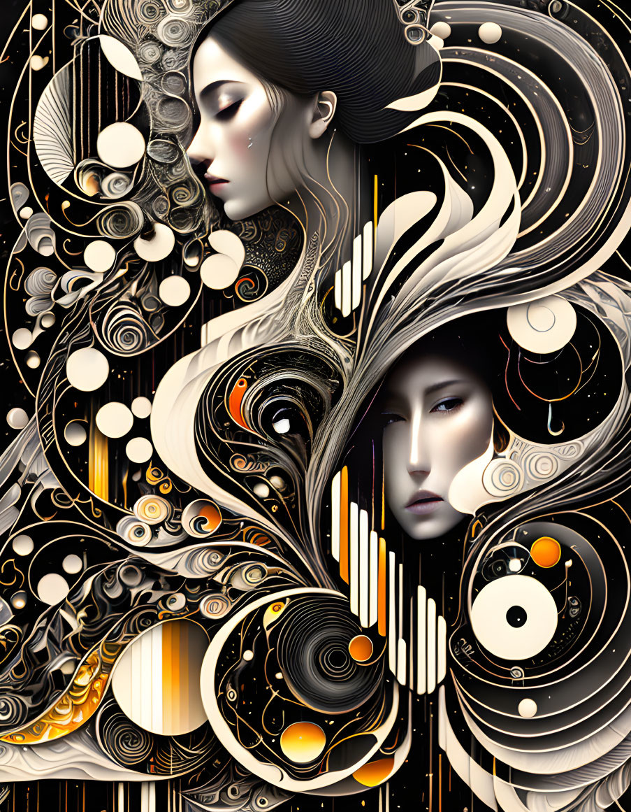 Intricate art piece: Two feminine faces, black and gold swirling patterns, circles, and y