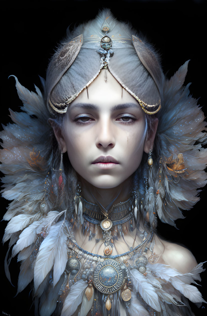 Portrait of individual with ethereal features and tribal adornments