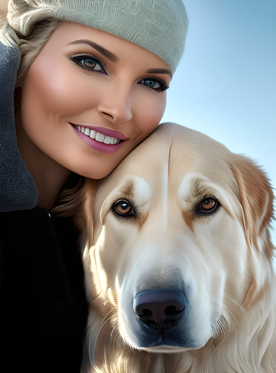 Smiling woman cuddles golden retriever in knit hat