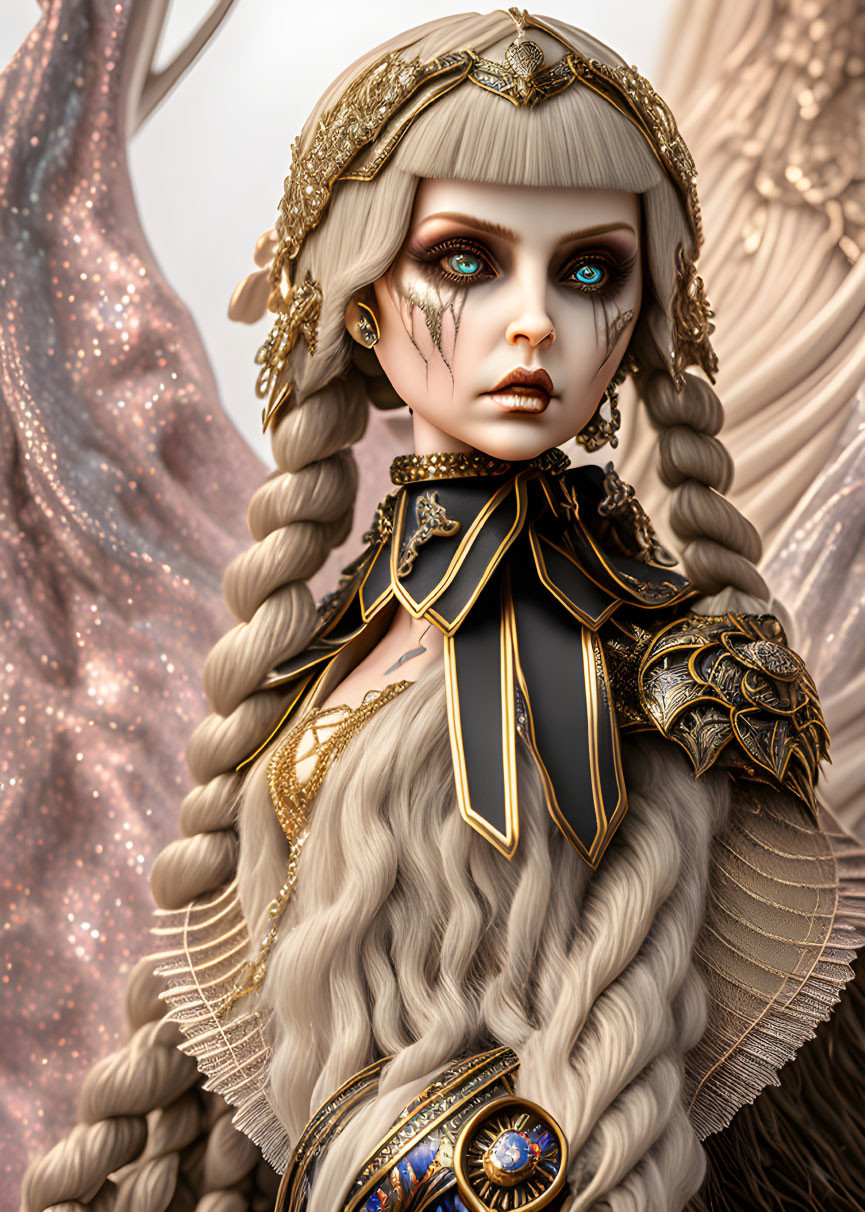 Fantasy digital portrait: Female figure with golden headpieces, white hair, blue eyes, black &