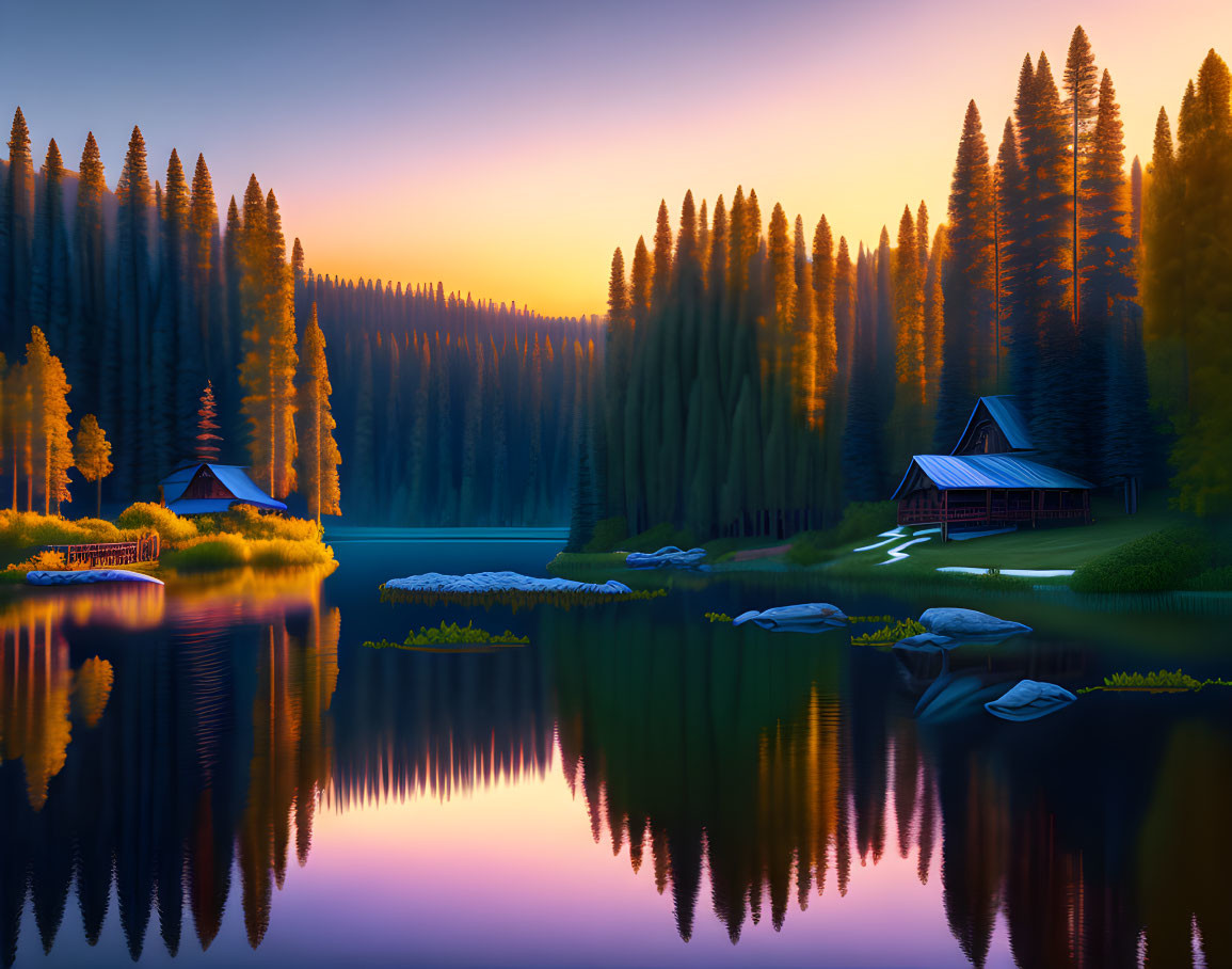 Tranquil lake with cabin and pine trees at sunset