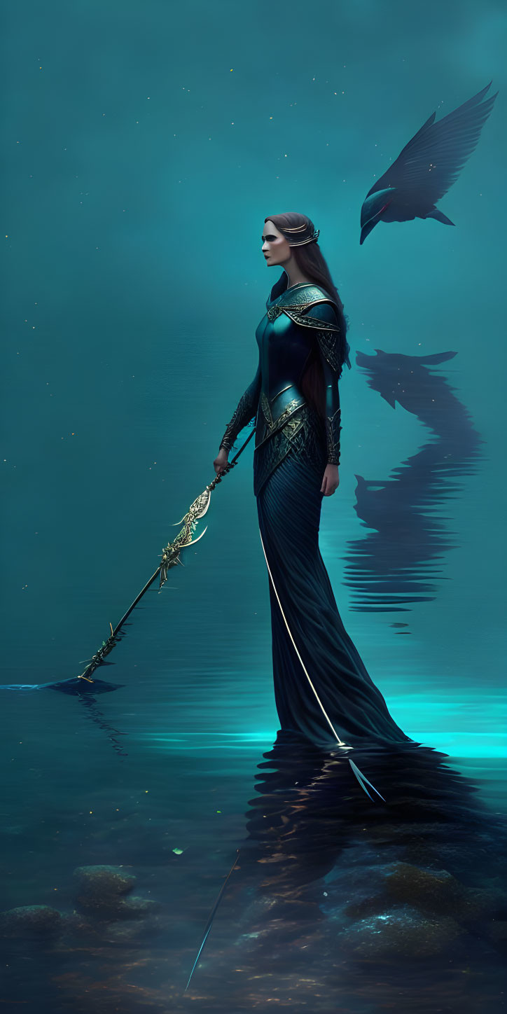 Regal figure in blue armor under starry sky with staff and raven.