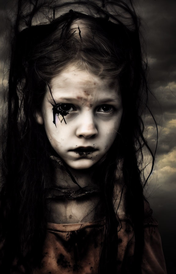 Somber young girl with smudged makeup stands under stormy sky