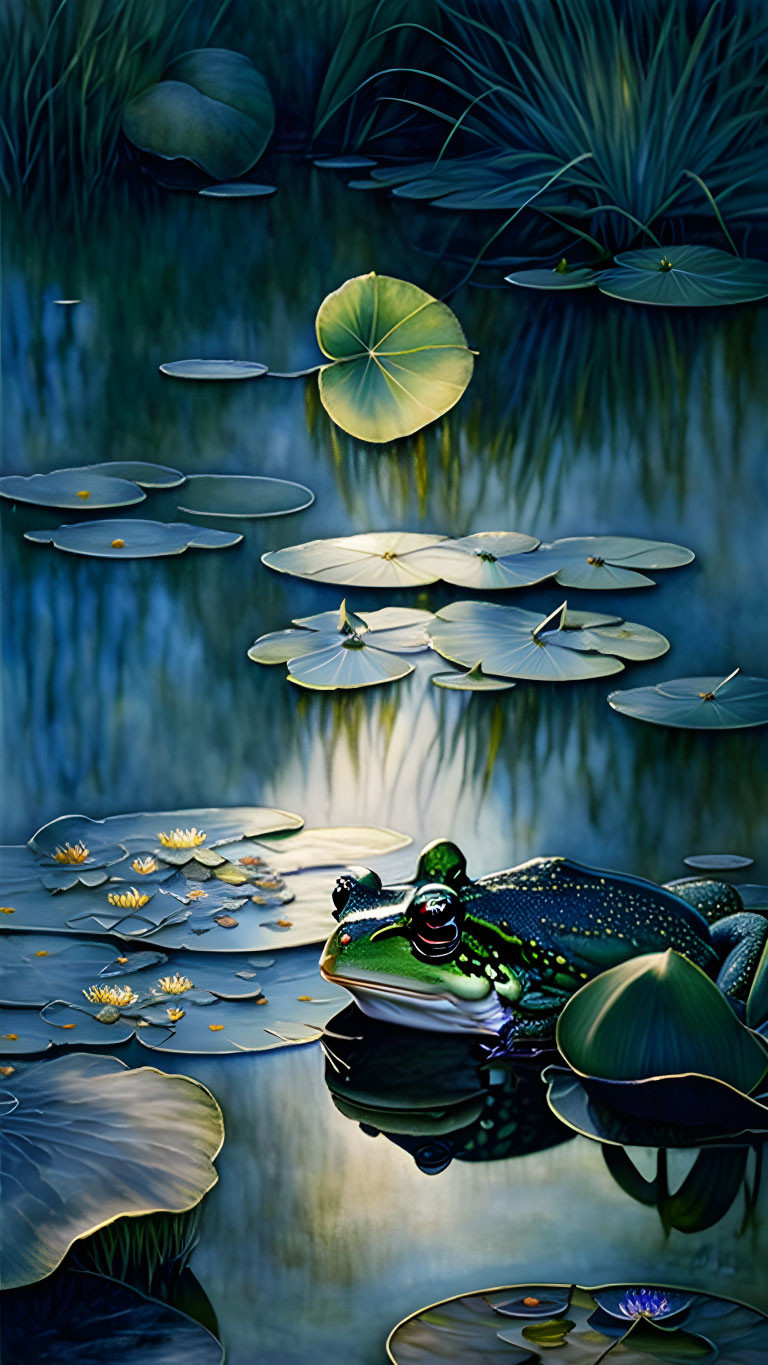 Twilight pond scene with water lilies, lily pads, and frog in serene green setting