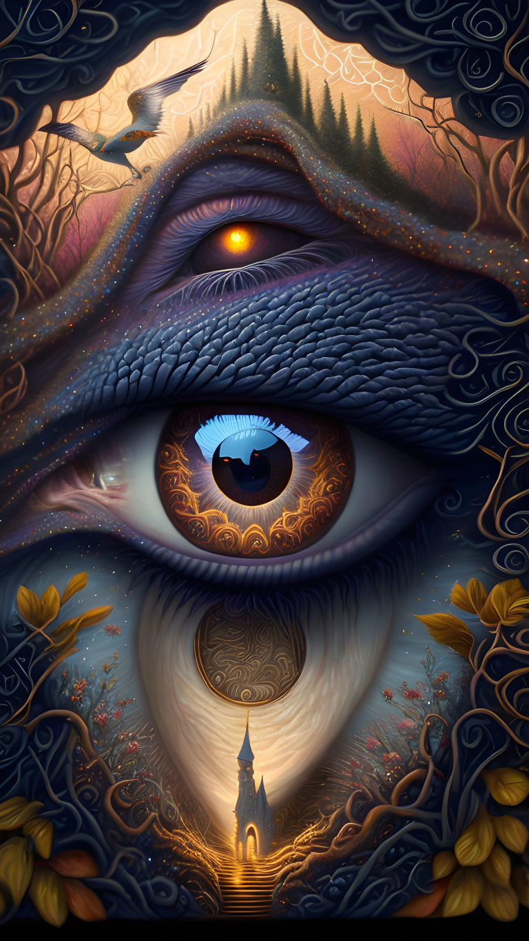 Surreal Artwork: Nested Eyes, Castle, Trees, Flowers, Mystical Palette