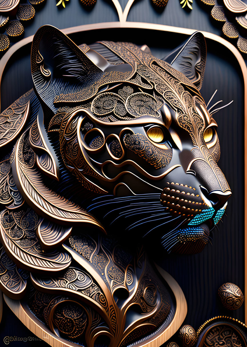 Stylized black leopard digital art with golden ornamental patterns