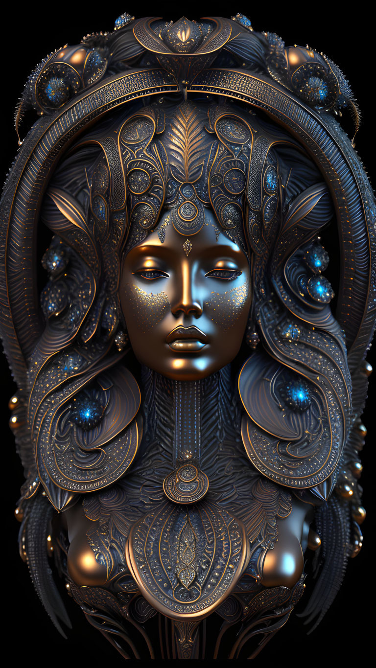 Intricate digital artwork of female figure with ornate metallic headdress