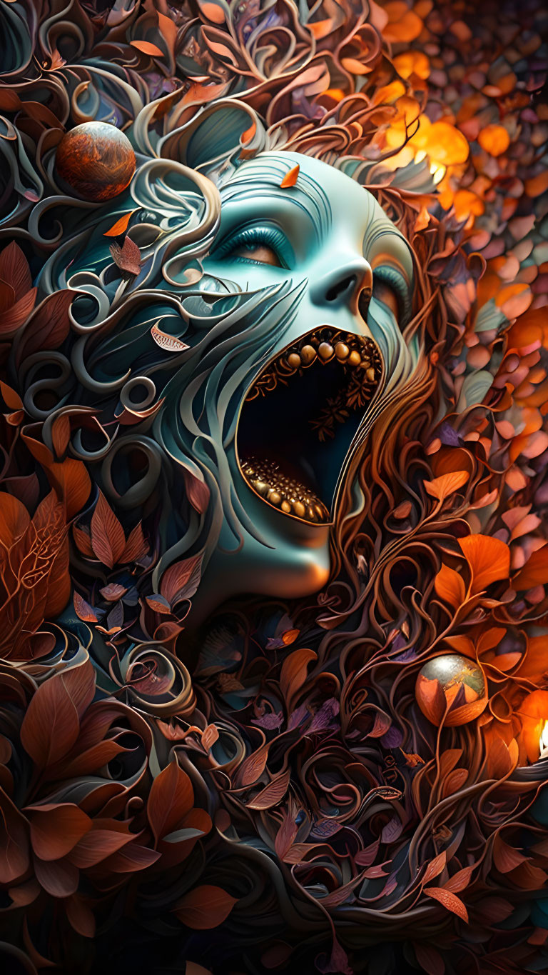 Surreal portrait of woman with blue skin amid autumn leaves and flowers