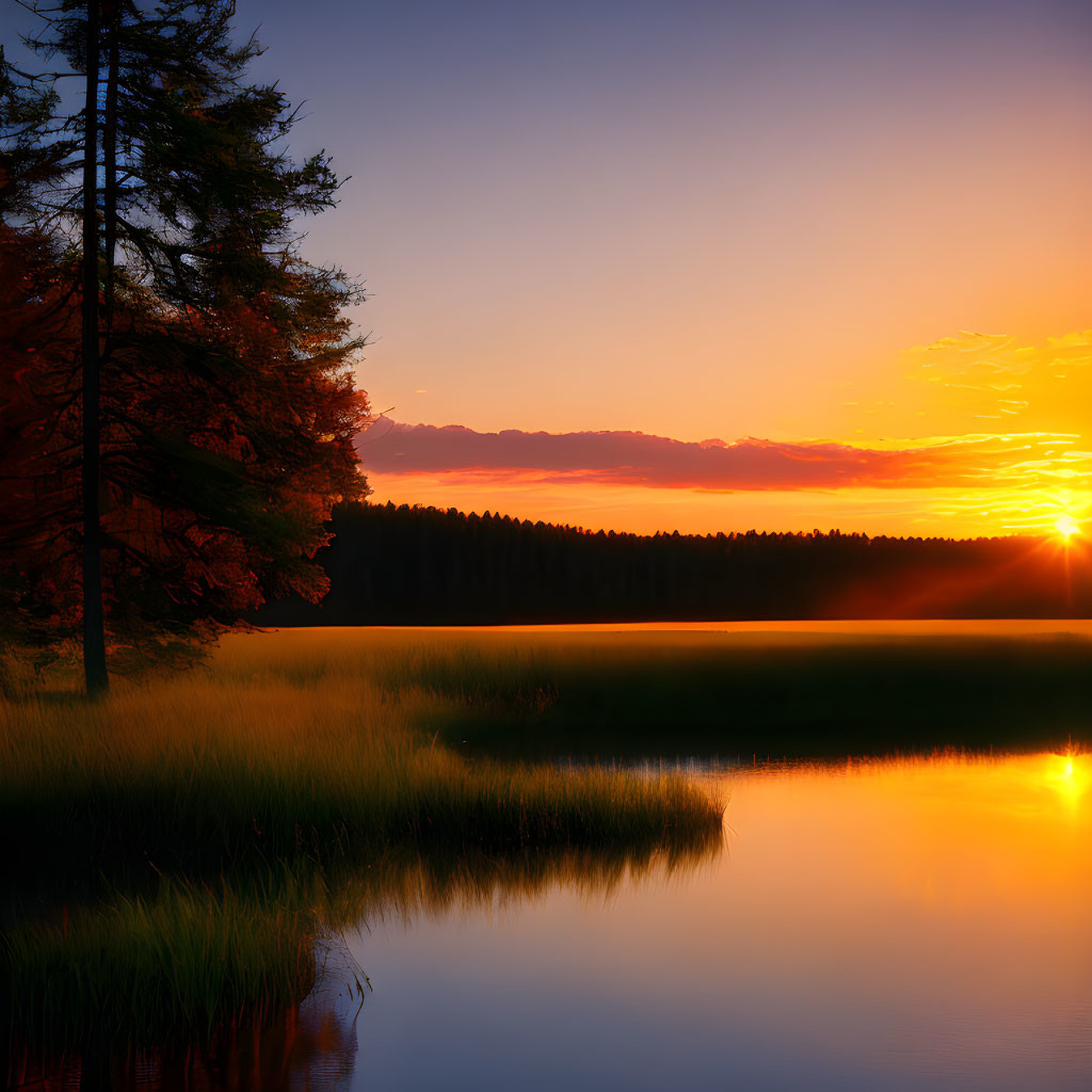 Tranquil Sunset Scene Over Calm Lake and Silhouetted Trees