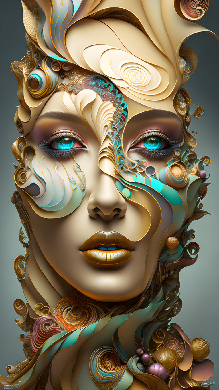 Intricate digital artwork of a woman's face with golden swirls and turquoise accents