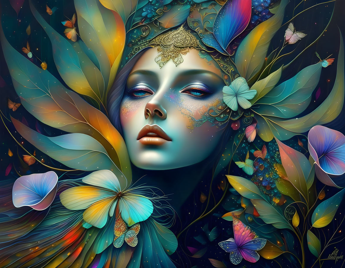 Fantastical digital painting: Woman with blue skin, butterflies, floral motifs, gold headpiece