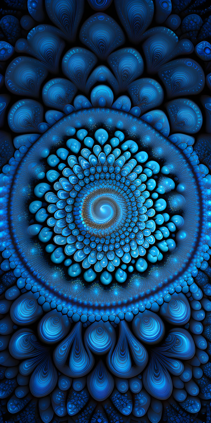 Blue mandala digital image with spiral center and fractal pattern