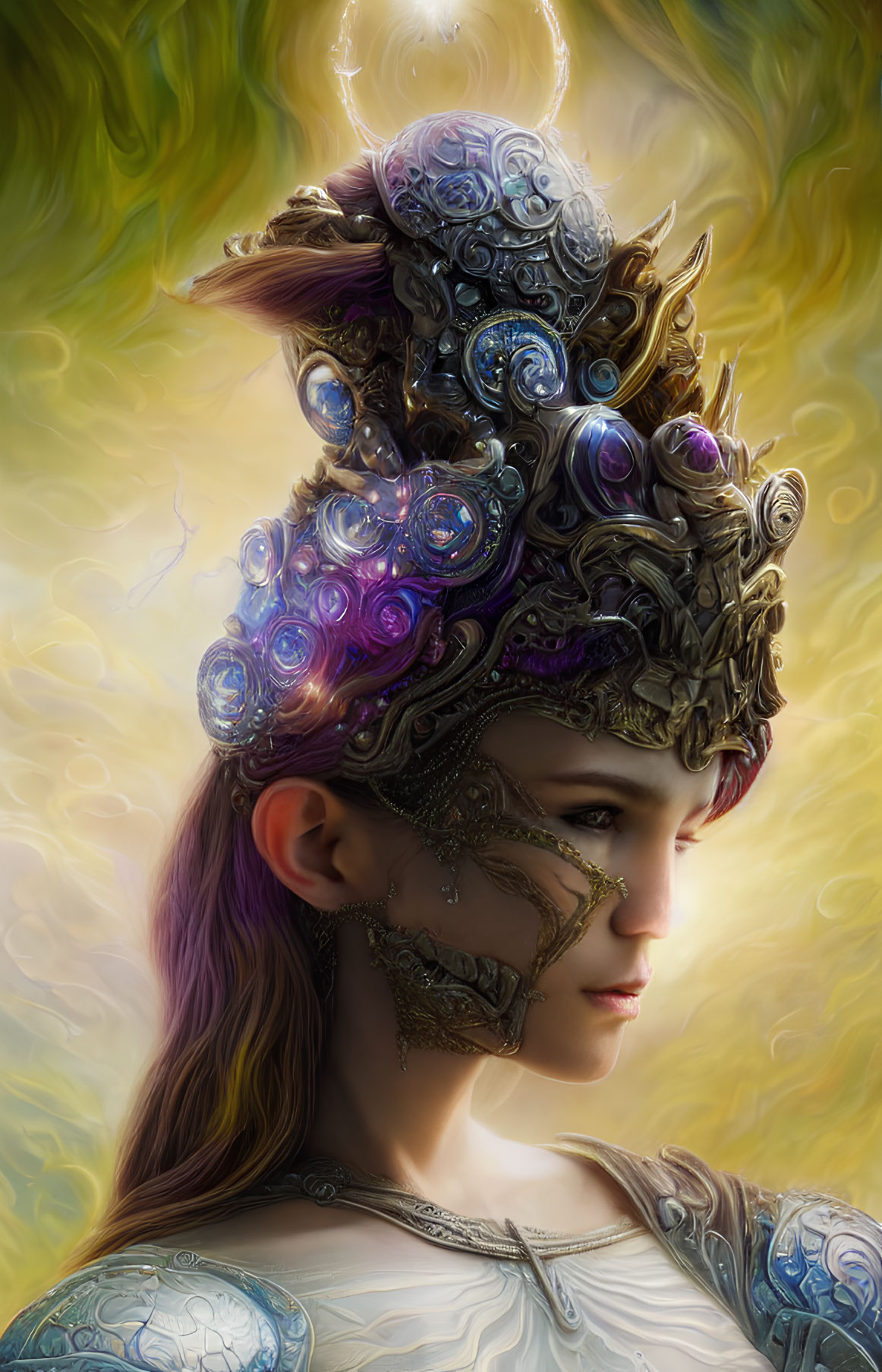 Intricate fantasy portrait of woman with ornate headdress and luminous orbs