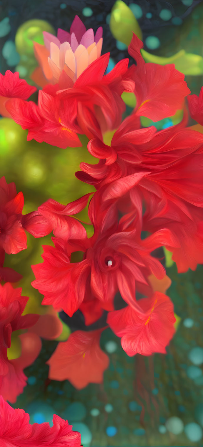 Colorful digital artwork featuring red flowers and a pink lotus on a bokeh background.