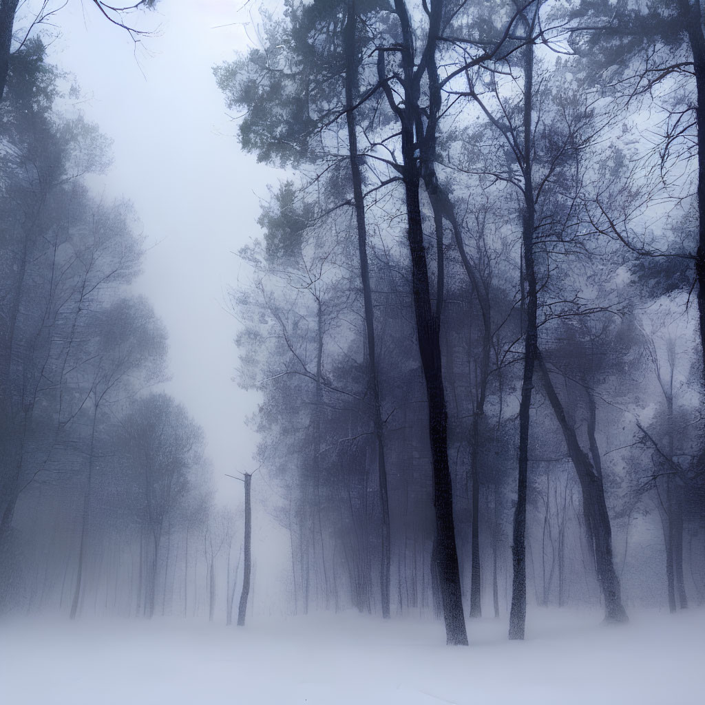 Misty forest with tall silhouetted trees and snowy ground in fog