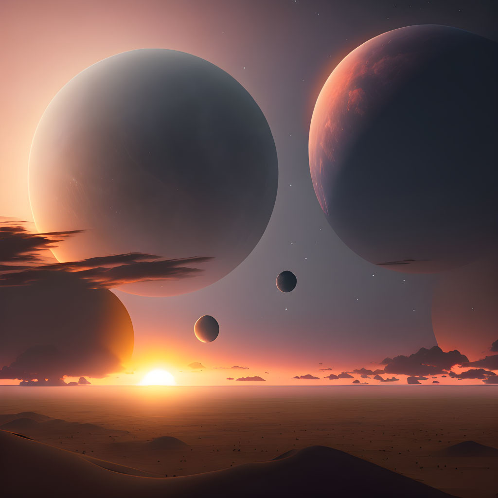 Surreal desert landscape with multiple celestial bodies at sunset