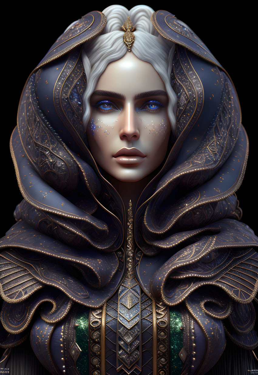 Fantasy character portrait with pale skin, blue eyes, white hair, and ornate dark hood.