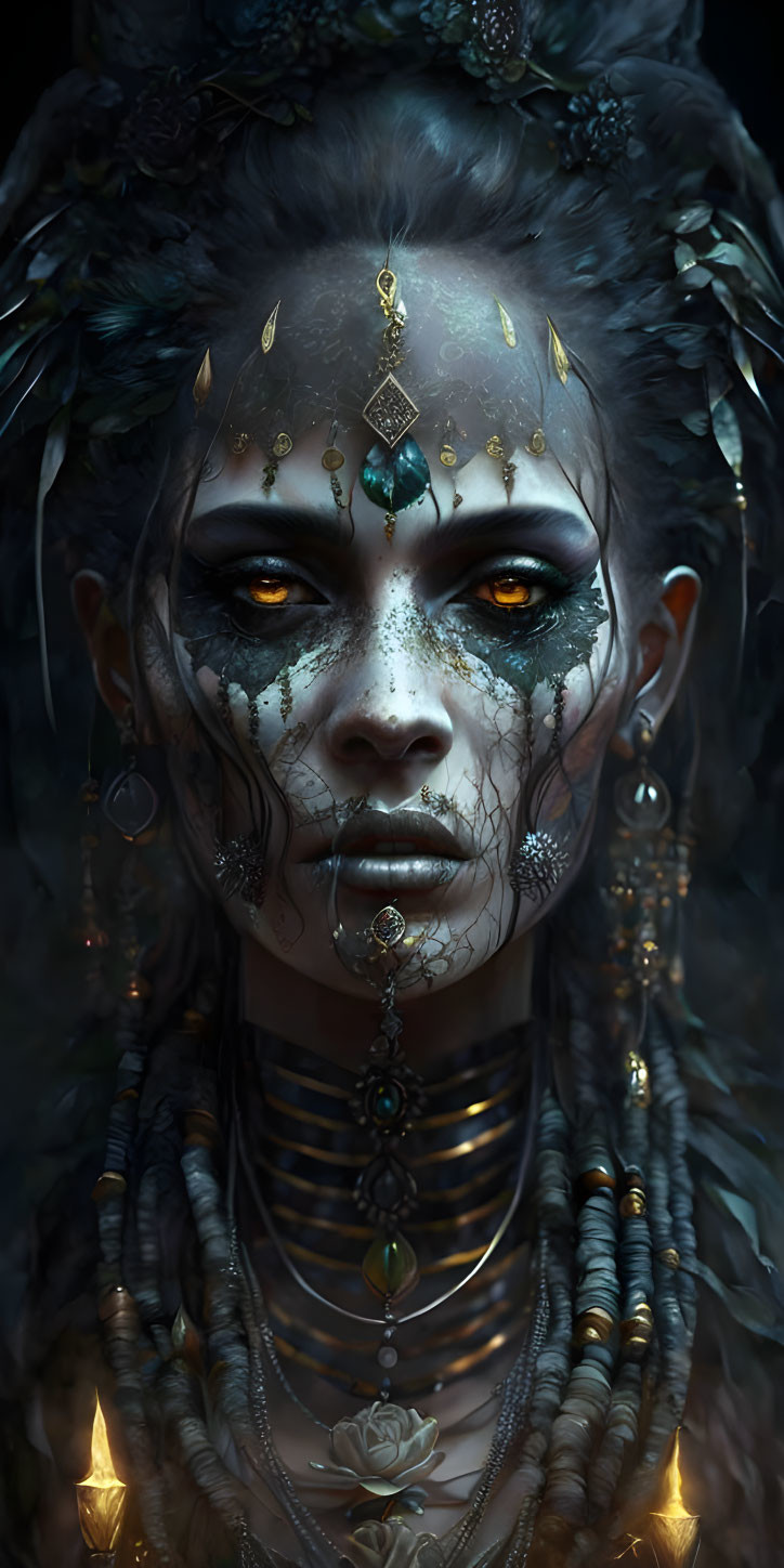 Mysterious character with golden eyes, jewelry, tattoos, and headdress.