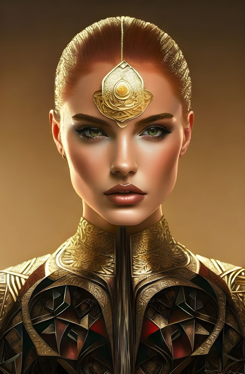 Digital artwork featuring woman with red hair, green eyes, golden armor