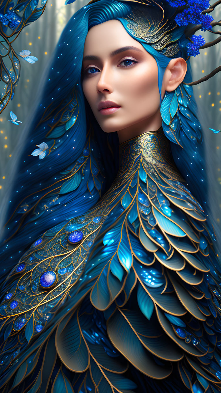 Digital artwork featuring woman with blue feather-like hair and peacock-inspired attire, surrounded by butterflies and blue